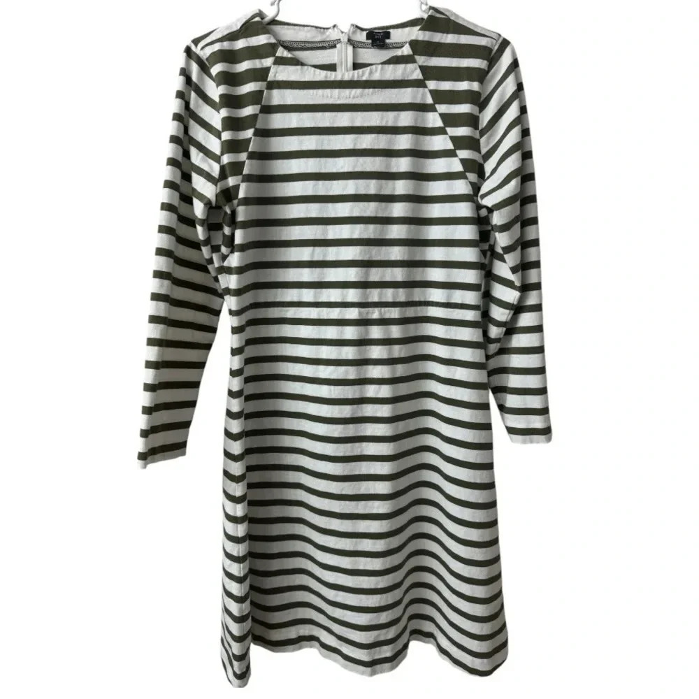 J Crew Olive Green‎ & White Stripped Fit & Flare Long sleeve cotton Dress